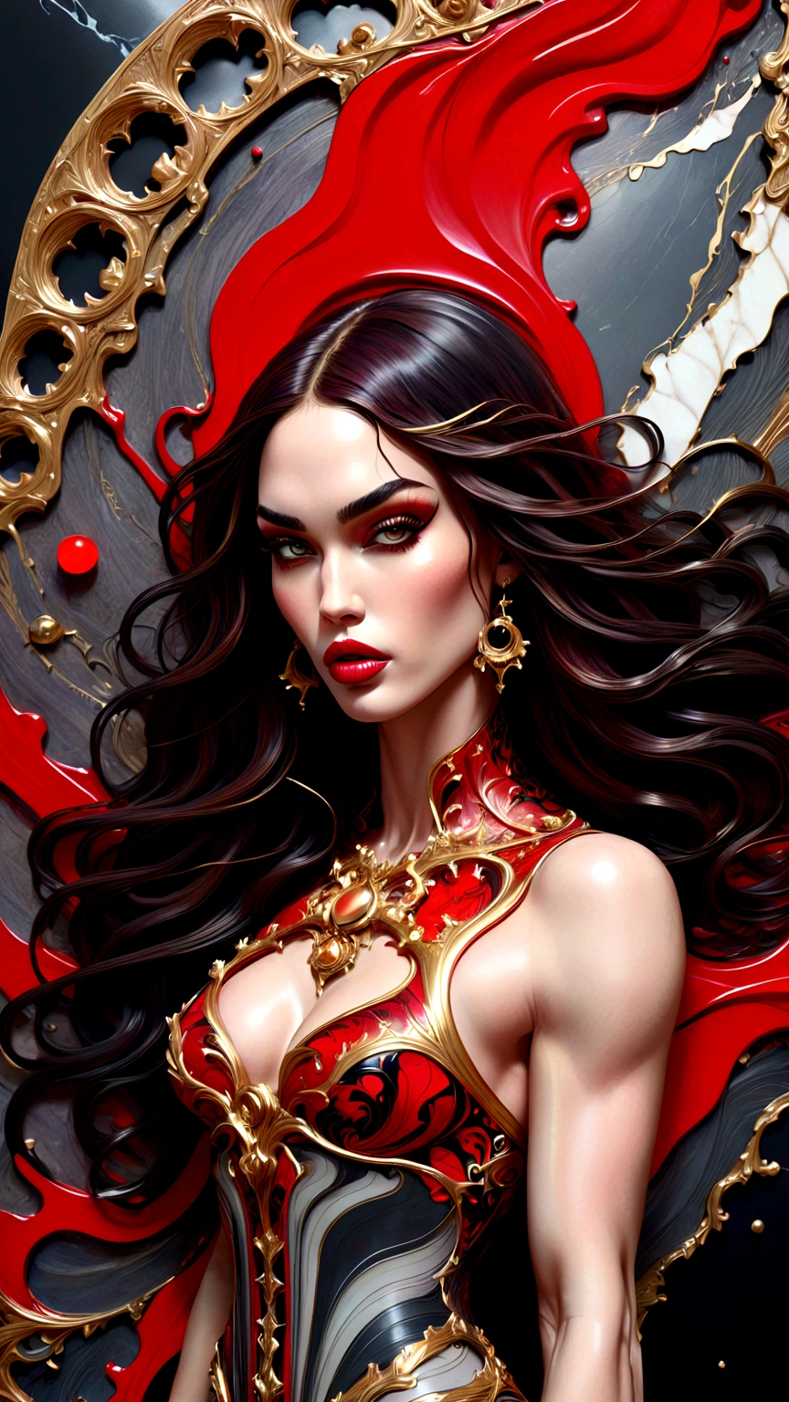 a beautiful illustration of megan fox as a very muscular vampire girl in an abstract marble texture with a tarot style frame, with colors of obsidian black, shiny gold, and ruby red, highly detailed, intricate design, BY Anne Bachelier,