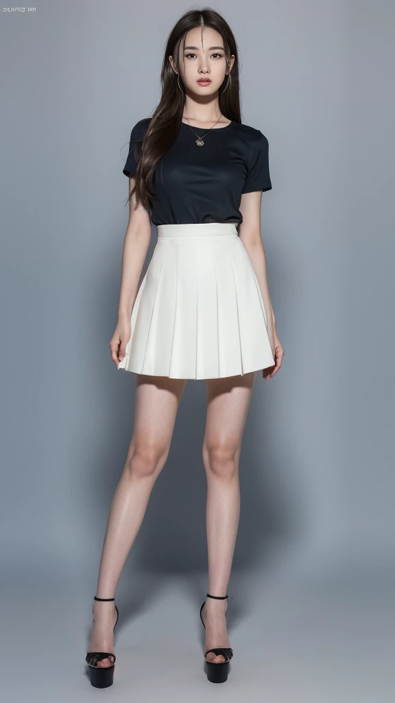 Mix 4, 20 days, Solitary, long_hair, shirt, skirt, High target_High heel, full_Body, look_exist_查look者, (8K, RAW photos, best quality, proficient:1.2), (Practical, photo-Practical:1.37), Professional lighting, Photon Mapping, light energy transfer, Physically Based Rendering,