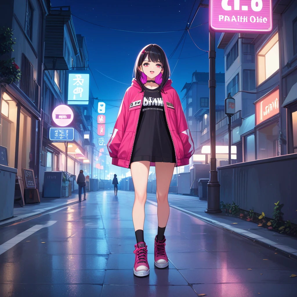 A girl with a "jirai kei" style standing in a dimly lit alley, facing the viewer, edgy fashion, dark makeup, neon signs casting colorful glows, urban night setting, full-body shot, sharp focus, high contrast, moody atmosphere, 1girl.Highest quality, Ultra-high resolution, original, Very detailed, Perfect lighting, 8K, 2D,
