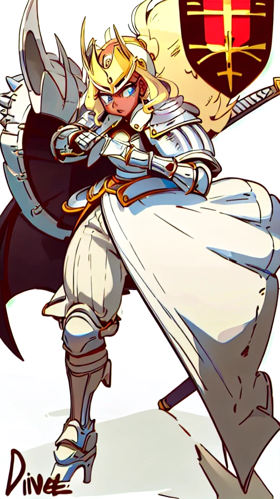 Medieval fantasy Anime. A Girl, 25 years old, royal knight, Paladin silver armor, beautiful but severe face, detailed face, ((dark skin)), light blue eyes, detailed eyes, African American, semi-updo blonde curly hair, detailed body, (great guard shield in the left hand)), ((sword long in the right hand)), simple background, ((dynamic battle pose)), tense expression, ((add
more details)), ((full body)). Detailed character, extreme attention to detail.