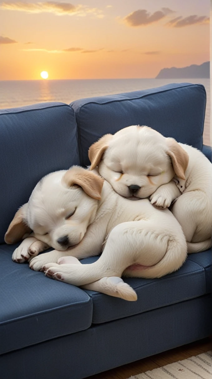 With the sunset in the background,(masterpiece:1.2, high quality), Sleeping tightly on the sofa2Pet puppies、
