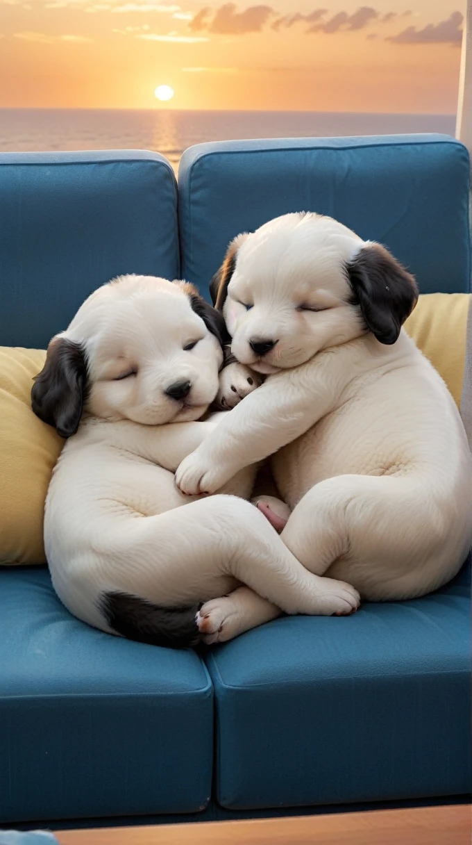 With the sunset in the background,(masterpiece:1.2, high quality), Sleeping tightly on the sofa2Pet puppies、