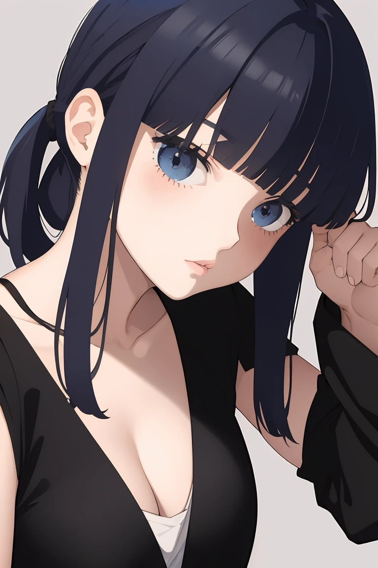 1girl, blunt bangs, ponytail, big eyes, dark blue hair