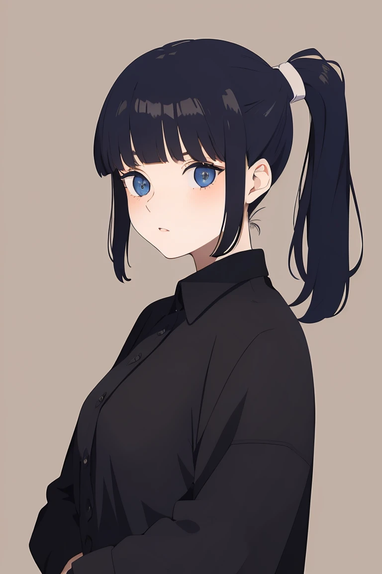 1girl, blunt bangs, ponytail, big eyes, dark blue hair