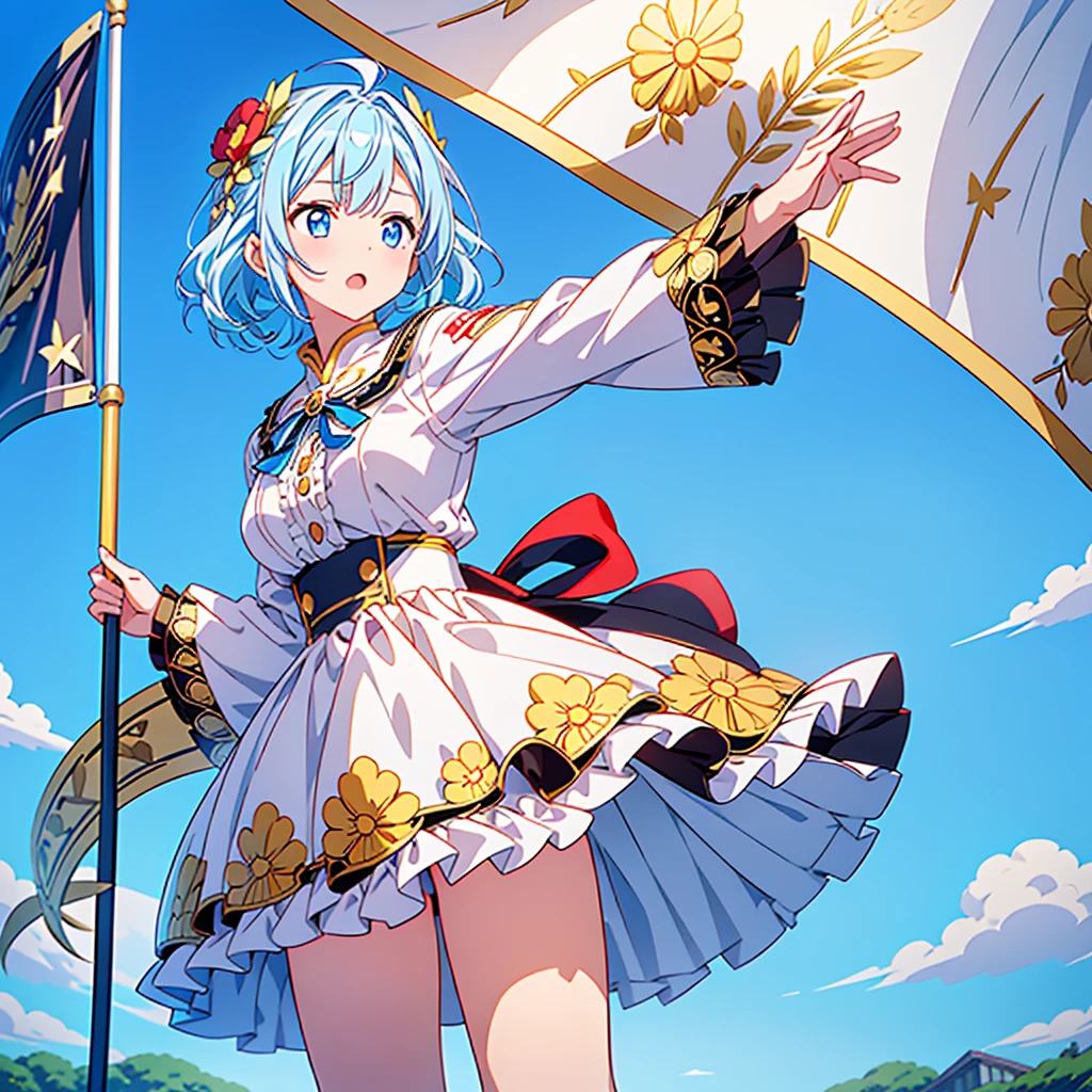 1girl、Dynamic composition、marching band、(((Masterpiece、Highest quality、Official Art、Super detailed、Handsome face、Dynamic composition)))、Anime Style、(Milky white and blue hair:1.3),(blue eyes:1.4),(Bright colors:1.4),((麻の葉background:1.3)),, marching bandのユニフォームを着たクールな女の子, marching bandの帽子、mini skirt, Frills, Black and white with gold embroidered flag held in both hands,（background:Large red flag on the back with gold floral embroidery, Note, )、euphonium、Huge Flag、Powerful composition、
