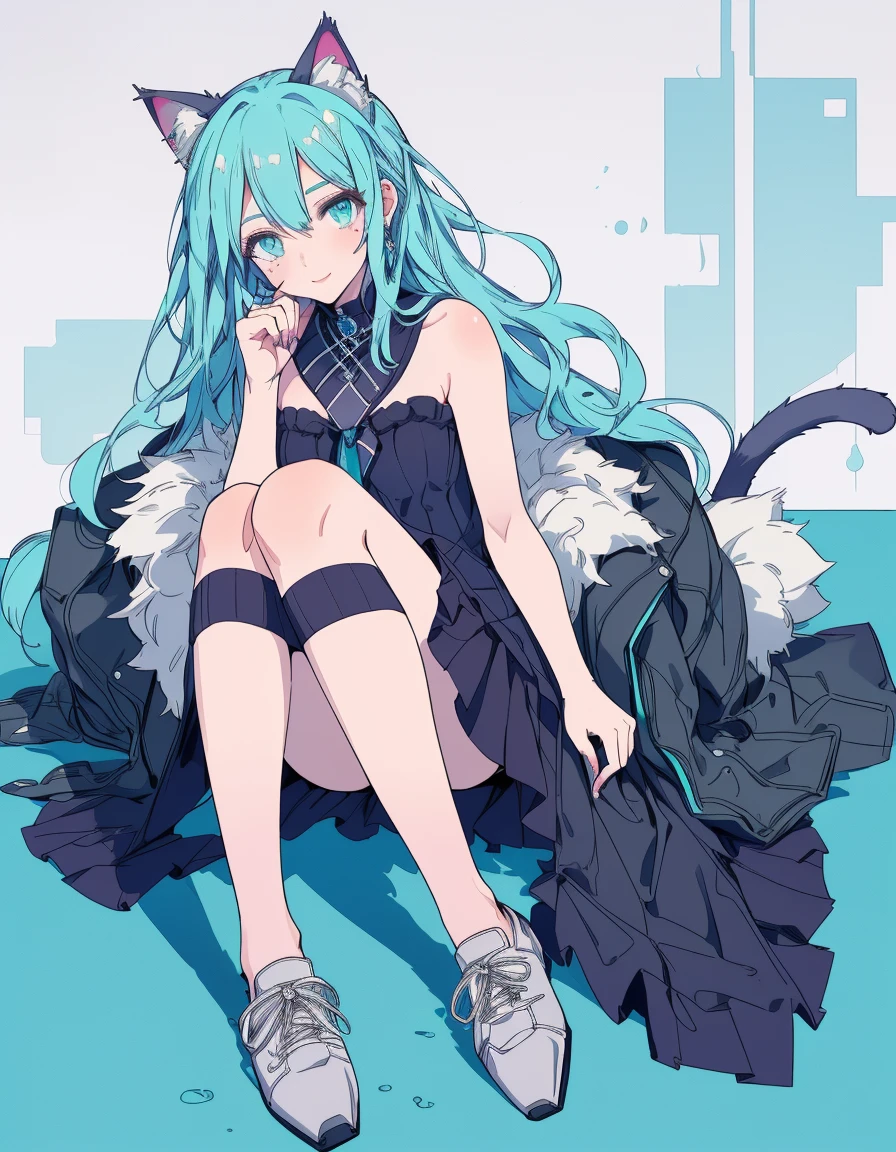 furrowed brow, mole under eye, light smile, full body, ((masterpiece, best quality:1.5)), ((Beautiful detailed cat aqua eyes:1.2)), cat ears, pale skin, medium breasts, beautiful hands, beautiful fingers, EasyNegative