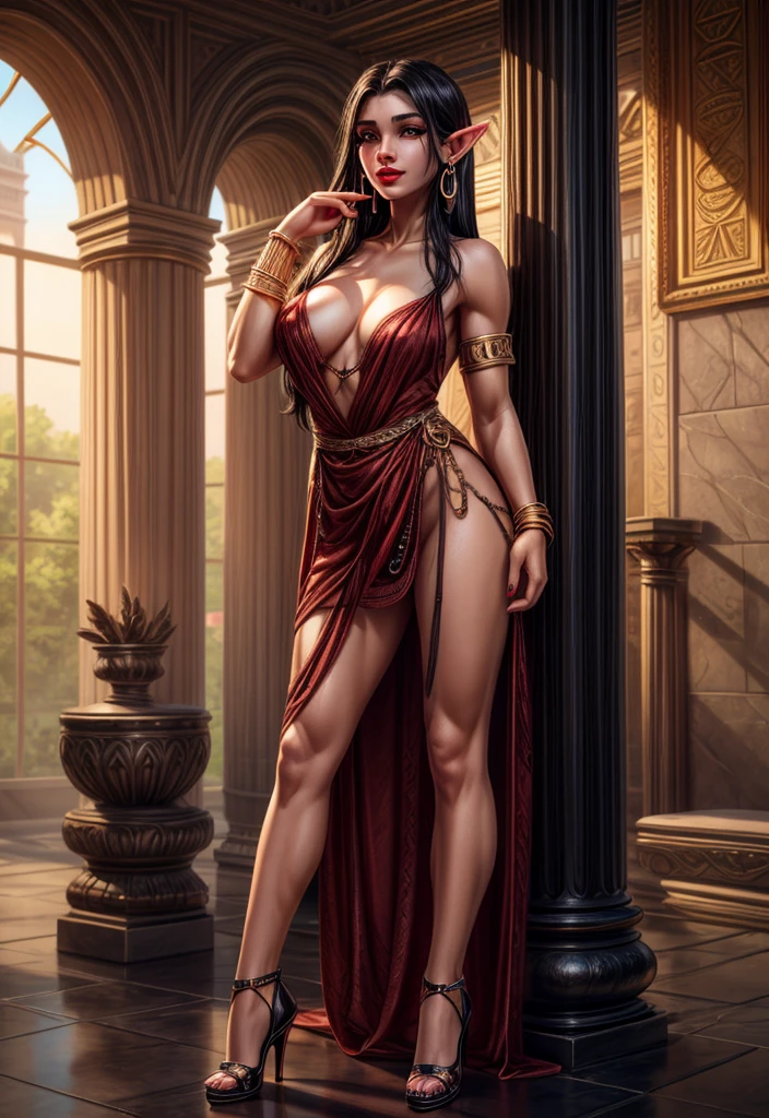 UHD 8k, HDR+, cute Black female with, big piercing eyes, huge earrings, giant earrings, gerl face, gold bracelets on her arms, her long black hair falls on her shoulders, black high heel shoes, high heels, nude, nude body, erotica, no clothes, Against the background of the palace of the elf king, detailed background, detailed background, realistic, 1girl, solo girl, 20 year old girl, ultra realistic face, hyperrealistic, hyperdetailed, (looking at viewers), sharpen, detailed face, detailed eyes, detailed lips, red lips, beautiful face, 16k, FHD, raw photo, cute face mesh, pretty face mesh, portrait shot 8 k