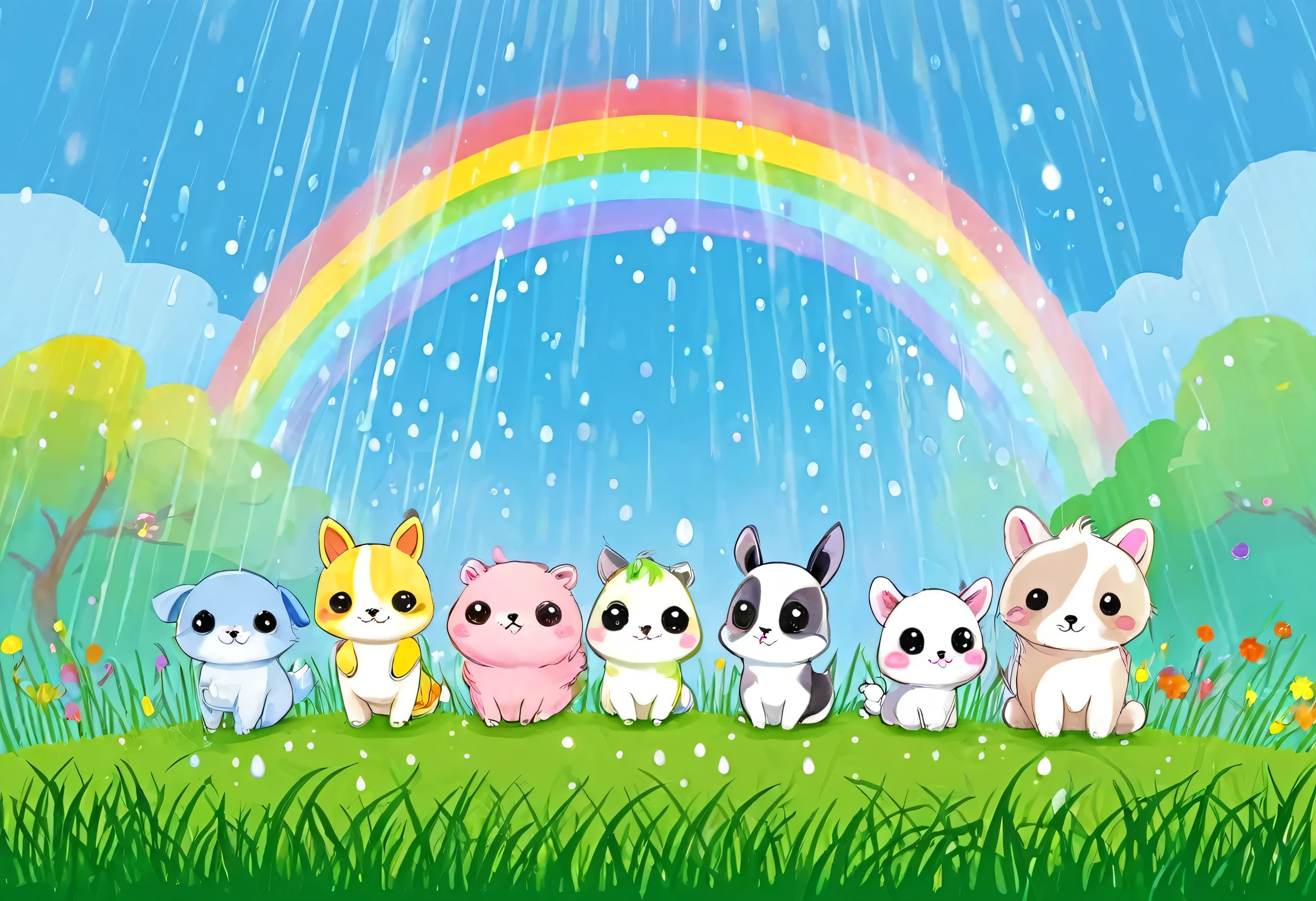 there are four animals standing in the grass under a rainbow, Cute digital art, Cute Animals, Adorable digital painting, Cute artwork, Cute and detailed digital art, Cute Creatures, An illustration of a cute picture book, Cute An illustration, Cute and detailed artwork, raining rainbow, Cute Characters, Cute cartoon, rainbow, Official An illustration, Cute art, Peaceful Animals, Cute Colorful Adorable, Beautiful artwork,An illustration、