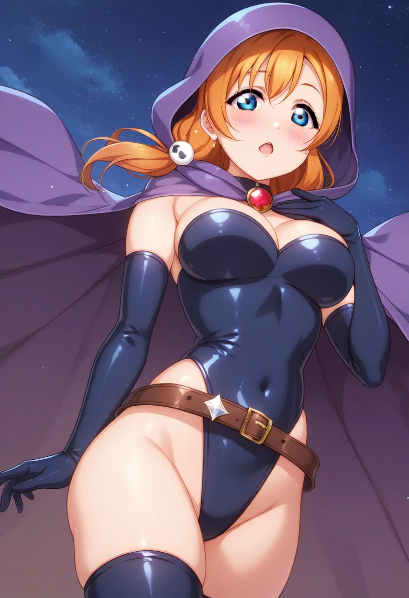 Honoka kousaka love live, blue eyes, orange hair, perfect eyes, Perfect iris,Perfect skin,Soft front light,low twintails, curvy thicc body , Long hair , blushing, dark blue leotard,dark blue elbow gloves, dark blue thighhighs, leather clothes, purple cape, purple hood,thin waist belt, horror fantasy background, night