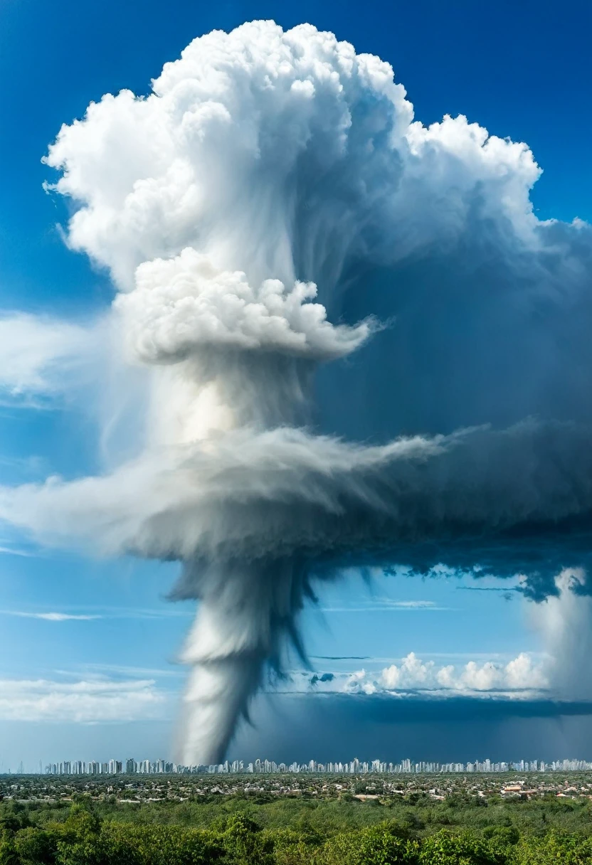 A huge tornado appears in the blue sky、Overwhelm the surrounding clouds。This natural phenomenon is、With its power and beauty,々surprise。but、Behind that beauty、Destructive power lurks。This image is、It symbolizes the power of nature and the fragility of humans.。
