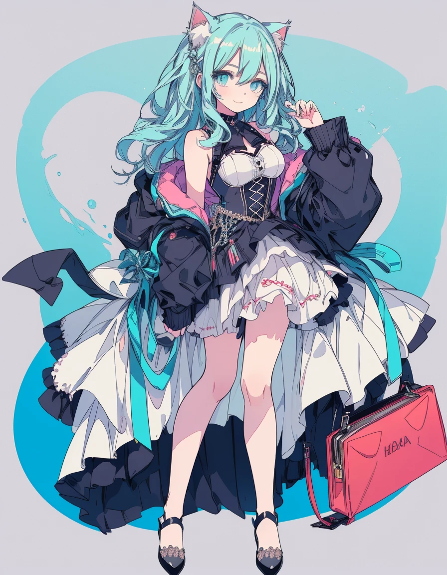 furrowed brow, mole under eye, light smile, full body, ((masterpiece, best quality:1.5)), ((Beautiful detailed cat aqua eyes:1.2)), cat ears, pale skin, medium breasts, beautiful hands, beautiful fingers, EasyNegative