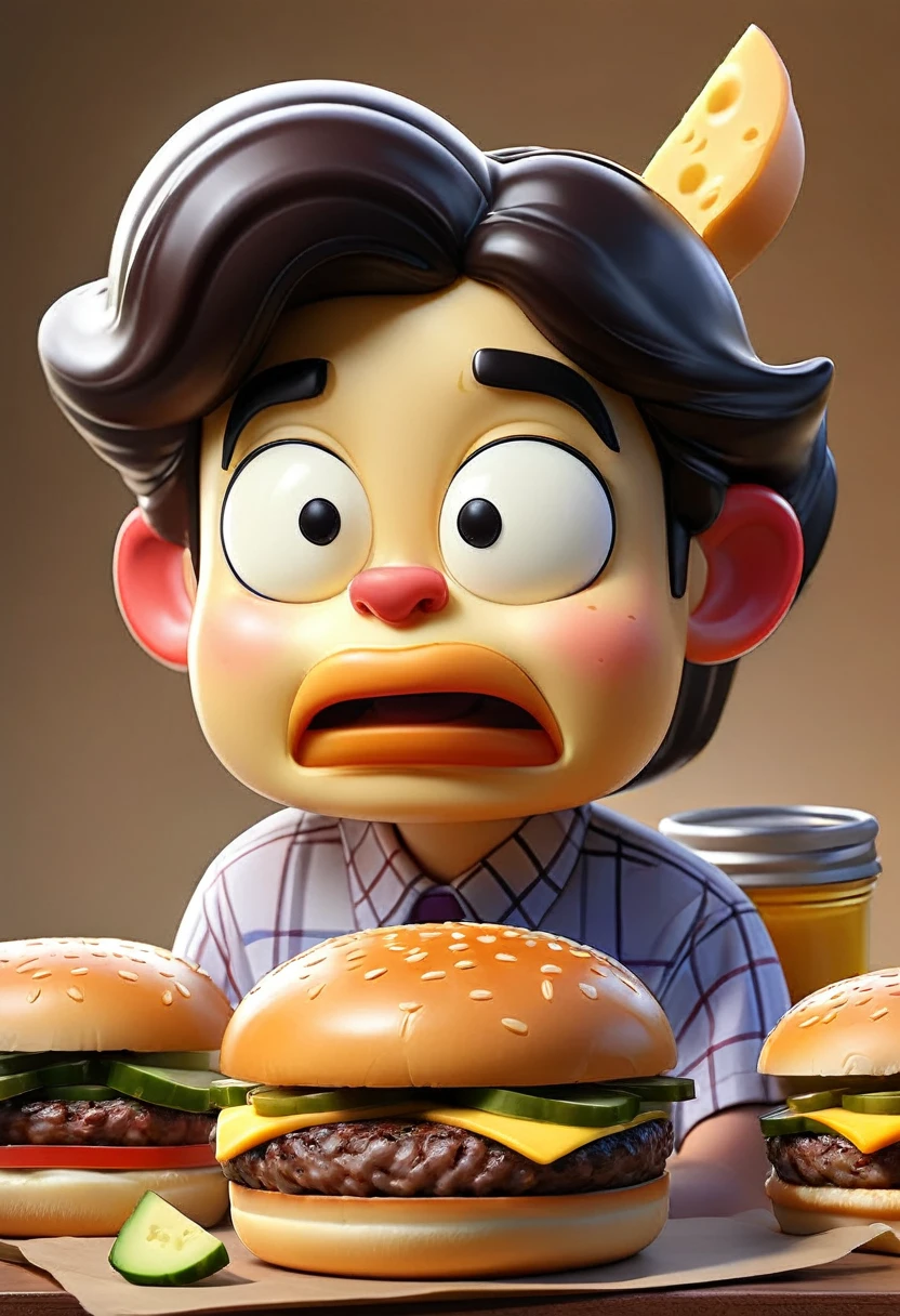 Cartoon little burger non lettuce, bun bread, mayonaise, patty, cheese, pickles, beef slice, bun bread