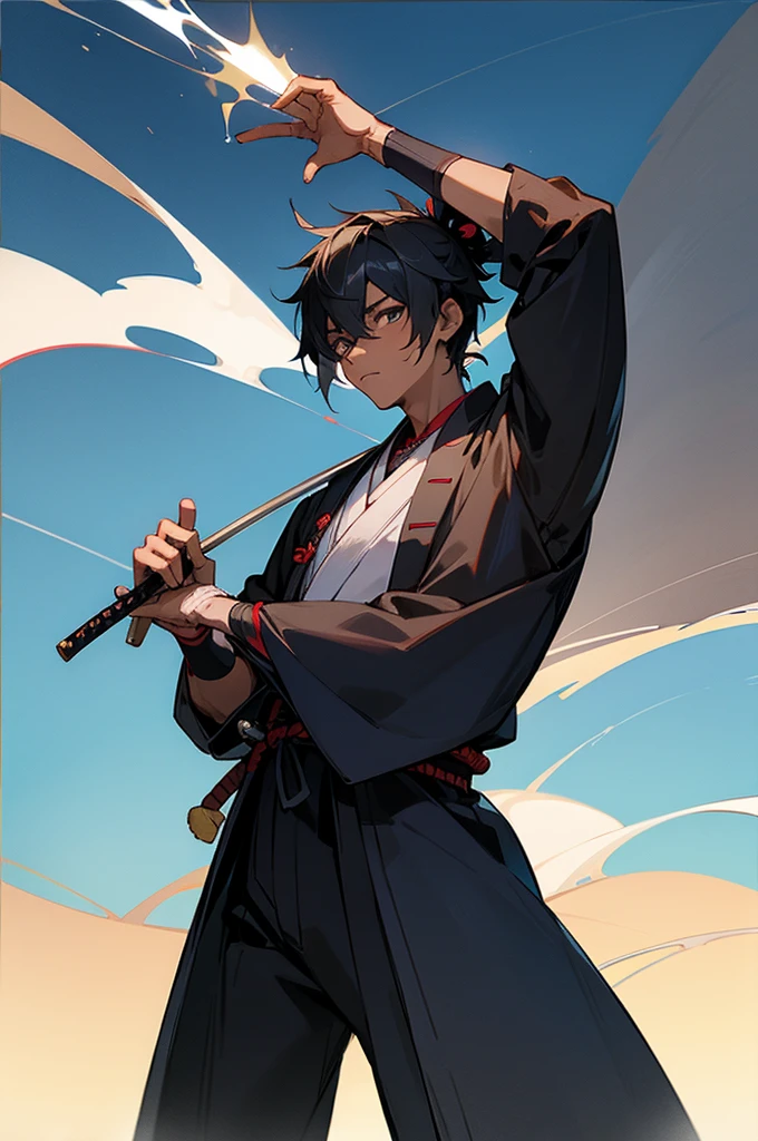 Teen , male, samurai Clothing, Standing pose, Town background, black skin color