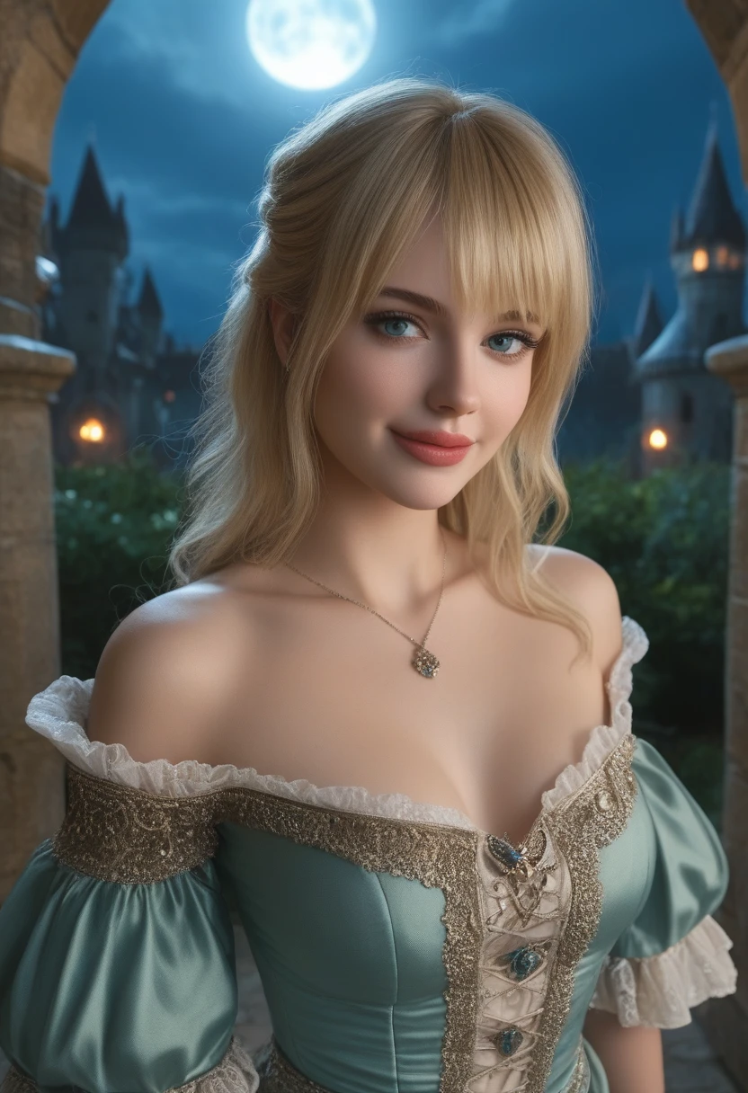 score_9, score_8_above, score_7_above, 1girl, realistic, blonde long hair with bangs, blue_eyes, realistic skin texture, detailed picture, upper_body, HD32k, royal_garden, medieval_castle, elegant_green_dress, off_shoulder_dress, moonlight, night, fullmoon, seductive_smile, red_lips, licking_lips