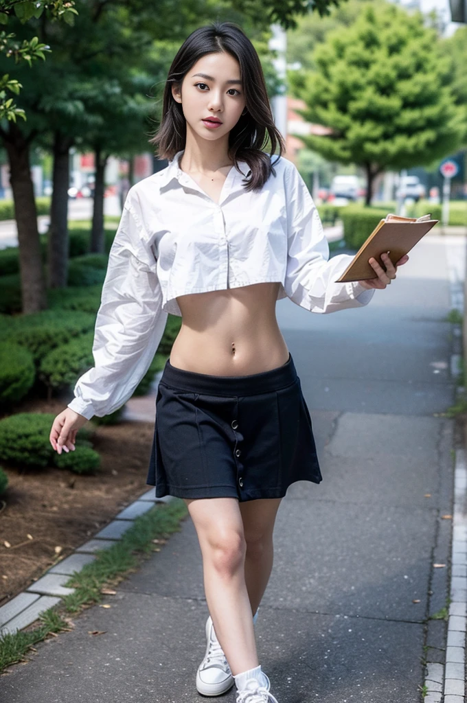 (best quality, Masterpiece, Realistic photos, very detailed, Ultra high resolution, raw:1.3), 1 woman, beautiful, Japan, in university, A young university girl wears a white button-up crop top., Black skirt, showing navel, College Student, navel, (canvas shoes, ขาbeautiful, full body), Walking place, holding a book, Dress well, 