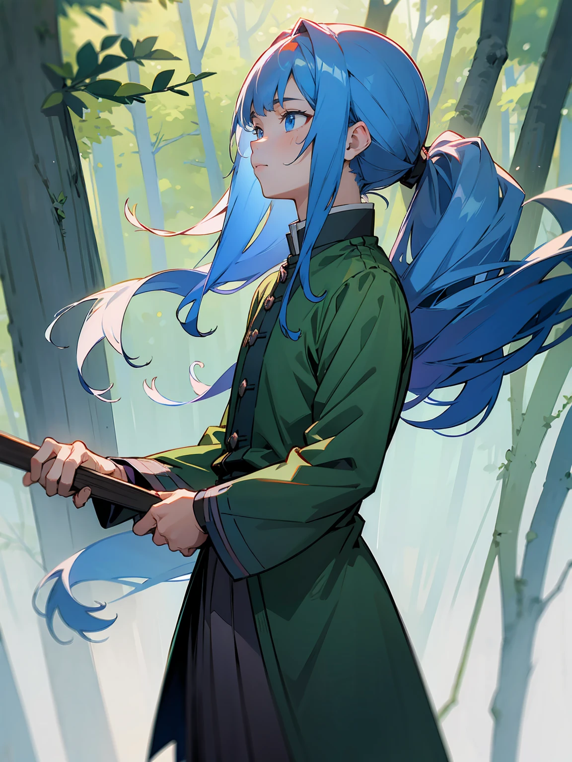 1male, Adult, Deep Blue Hair, Medium Length Hair, White Inner Hair, Ponytail, Forest Haori, Green Face Mark, Forest Background, Standing in Forest, Demon Slayer Uniform