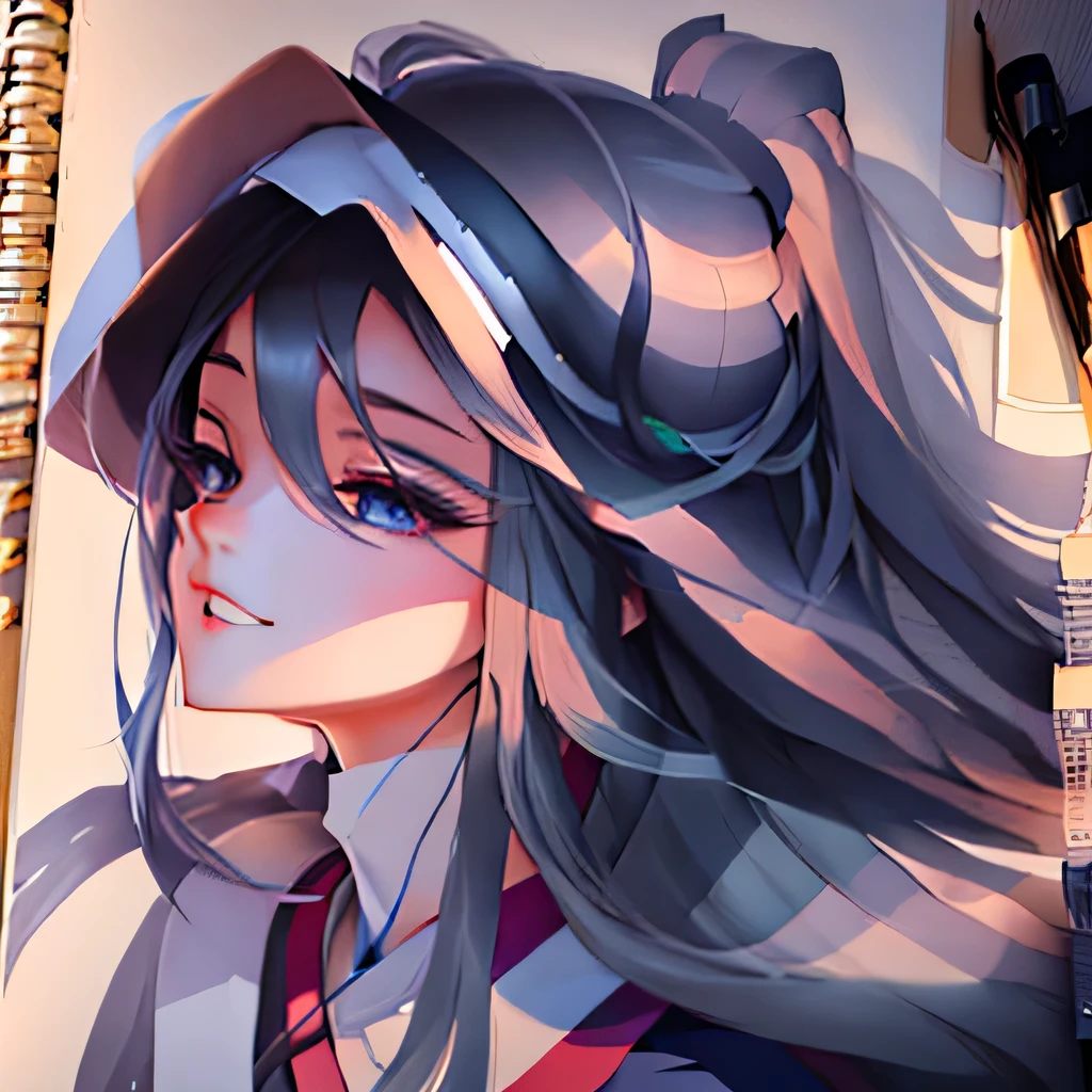A woman with long hair and a hat is drawn in the notebook, Anime Shadows), Anime Shadows, Clear anime silhouette, Flat Anime style shadow, Anime Sketch, an Anime Drawing, Anime Drawing, Anime style, Inspired by Matsumura Goharu, Line Drawing!!, No shadow, A caricature, long hair anime girl, Anime Girl Profile