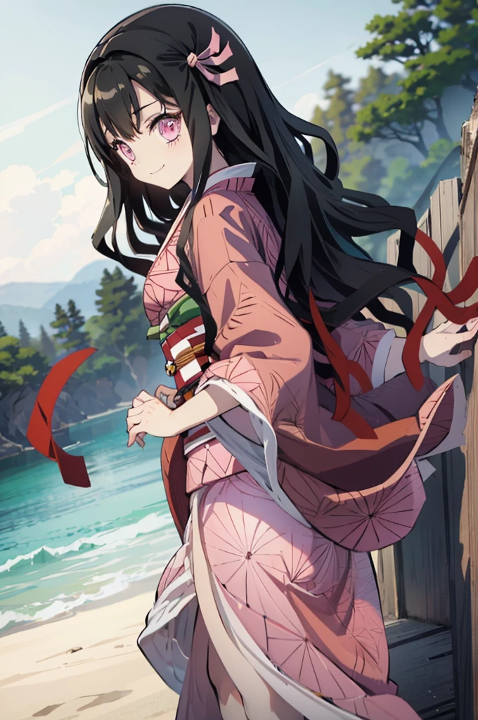 (masterpiece:1.3), (best quality:1.1), (8k, ultra detailed, ultra high res:1.2), ((anime style)), (perfect 5 fingers,perfect anatomy:1.1), 
1girl,
Kamado Nezuko, 
BREAK long hair, wavy hair,  forehead
black hair, 
pink eyes, 
ribbon, 
small breasts,  
BREAK japanese clothes, pink kimono, brown haori, obi, 
smile, 
looking at viewer, 
cowboy shot, 
BREAK outdoor, age of Edo, 