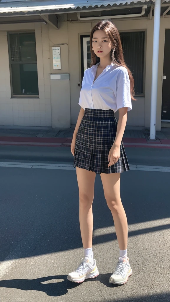 Mix 4, 20 days, Solitary, long_hair, shirt, skirt, street,full_Body, look_exist_查look者, (8K, RAW photos, best quality, proficient:1.2), (Practical, photo-Practical:1.37), Professional lighting, Photon Mapping, light energy transfer, Physically Based Rendering,