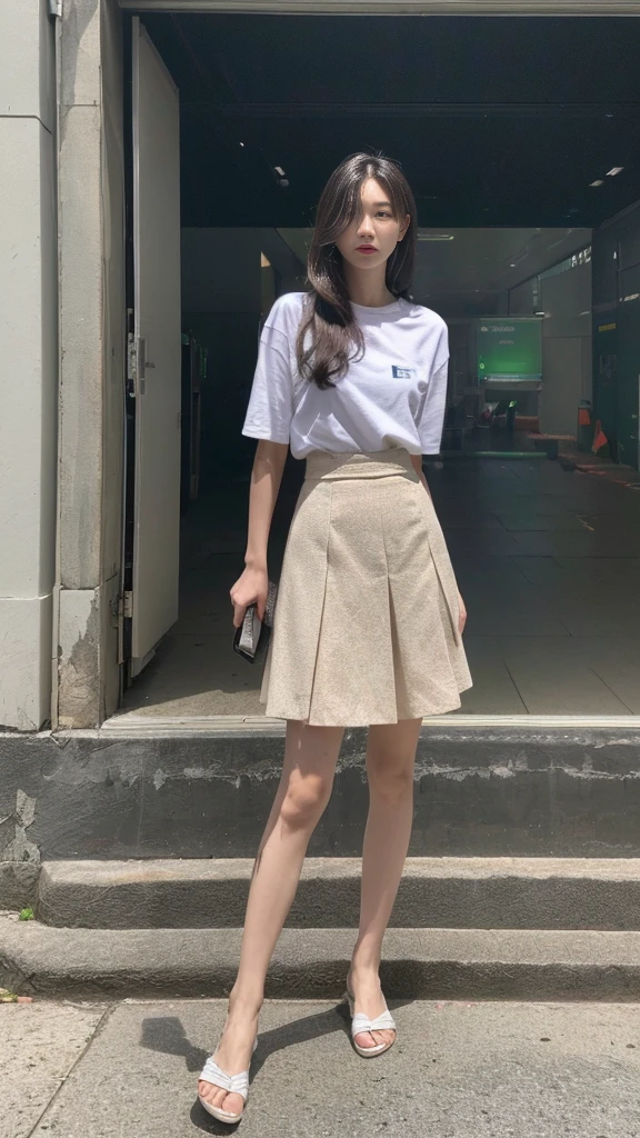 Mix 4, 20 days, Solitary, long_hair, shirt, skirt, street,full_Body, look_exist_查look者, (8K, RAW photos, best quality, proficient:1.2), (Practical, photo-Practical:1.37), Professional lighting, Photon Mapping, light energy transfer, Physically Based Rendering,