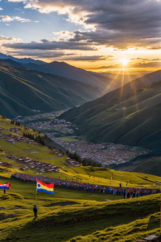 Many people from Boyacá Colombia gathered in the mountains, in the middle of the sunset with the flag of Boyacá