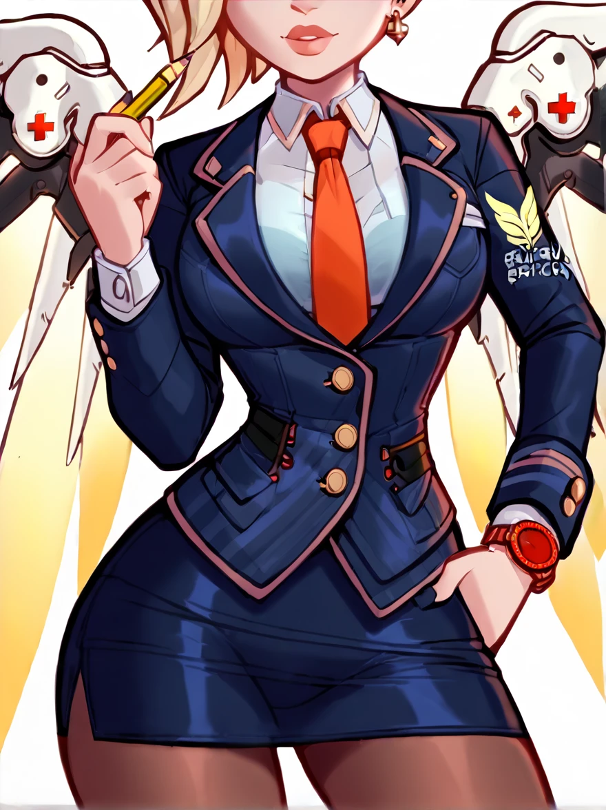 score_9, score_8_up, score_7_up, score_6_up, score_5_up, score_4_up,
BREAK
1girl, mercy \(overwatch\), blonde hair,
BREAK
solo, standing, skirt suit, (((three-piece suit))), silk necktie, blazer, (((suit jacket))), (((waistcoat))), double-breasted waistcoat, (((bodycon miniskirt))), (((pencil skirt))), cufflinks, tie clip, pocket square, pocket watch, pantyhose,
BREAK
white background, simple background, 