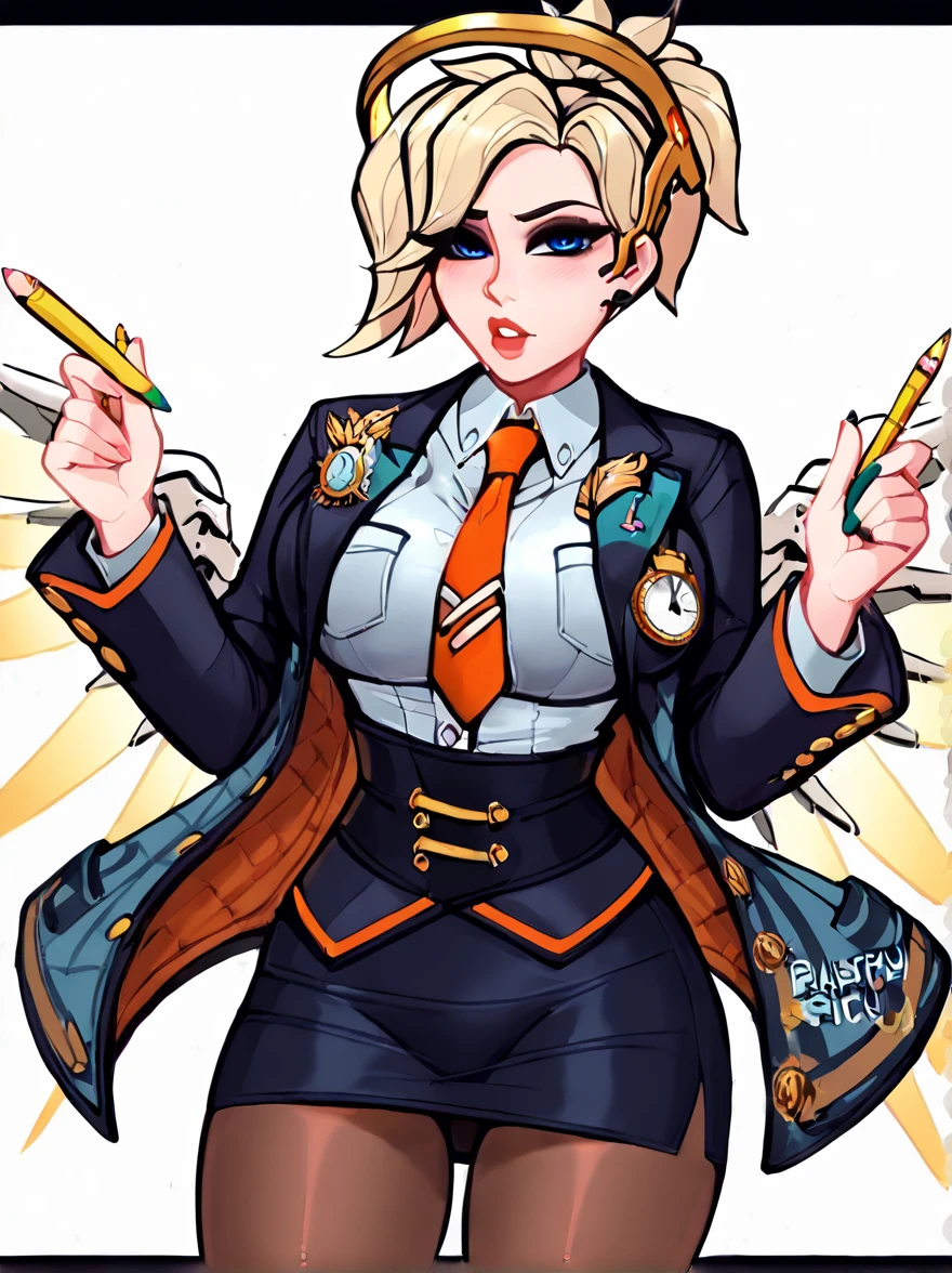 score_9, score_8_up, score_7_up, score_6_up, score_5_up, score_4_up,
BREAK
1girl, mercy \(overwatch\), blonde hair,
BREAK
solo, standing, skirt suit, (((three-piece suit))), silk necktie, blazer, (((suit jacket))), (((waistcoat))), double-breasted waistcoat, (((bodycon miniskirt))), (((pencil skirt))), cufflinks, tie clip, pocket square, pocket watch, pantyhose,
BREAK
white background, simple background, 