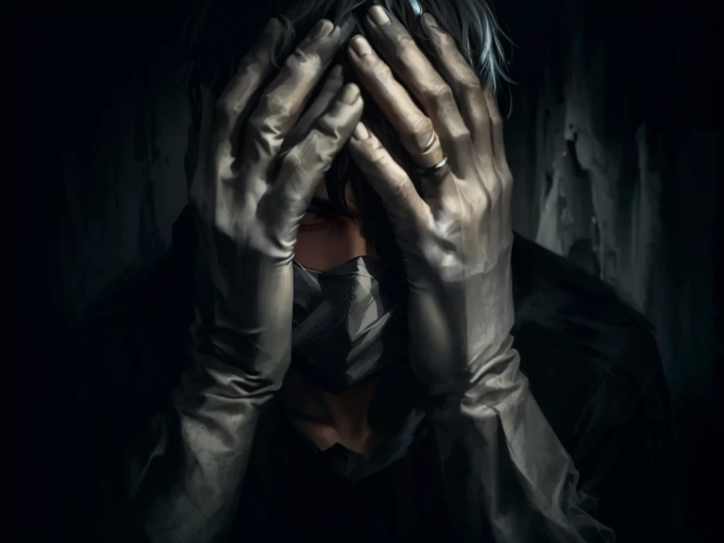 A young man covers his face with his hands in a dark room, hold one&#39;s head, Hands covering the face, Distraught, A still from a psychological horror film, Closed hands,  inspired ,sorrowと絶望, Horror, Uneasy, Horror, Extreme drama, frustration, Hidden hands and face, sorrow. Complex, Mental illness, Anxious anxiety