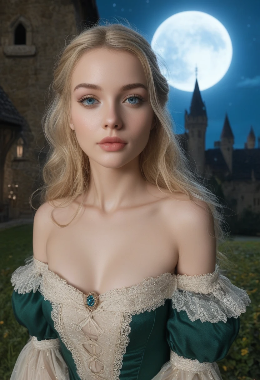 score_9, score_8_above, score_7_above, 1girl, realistic, blonde long hair with bangs, blue_eyes, realistic skin texture, detailed picture, upper_body, HD32k, royal_garden, medieval_castle, elegant_green_dress, off_shoulder_dress, moonlight, night, fullmoon, red_lips, puckered_lips