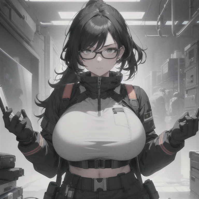 Absurd resolution, high resolution, (masterpiece: 1.4), hyper-detail, full body shot, solo, 1 kemono feline cat woman, no skin other than neck and head shown, black hair, glasses, messy ponytail, cute face, detailed soft grey eyes, huge massive hyper super swollen breasts that cover her whole torso and are bigger than her head while being so big they reach her belly button, extremely large bust, wide full hips, narrower torso and shoulders, smaller torso, full thicc big soft thighs, big rounded full soft butt, ruggedized utility styled outfit, full body outfit coverage with no skin showing or revealed, weather-proof durable clothing material, nylon clothing material, monochrome black and grey fullbody covering protective padding pilot rugged utility suit with white chest, practical/functional clothing, custom made clothing to fit and support large breasts, scifi padded rugged high collar techwear jacket, white and black triangular decals and techwear iconography on apparel and clothing, techwear gloves, arm mounted strapped display scifi tablet/communication device/computer, rugged tablet display mounted on MOLLE strap on top of her bust, ruggedized computer tablet mounted above her breasts, screen display mounted on top of her chest, ruggedized tech, ruggedized tech aesthetic, fitted utility pants, utility chaps, near future scifi, cyberpunk aesthetic, anime aesthetic