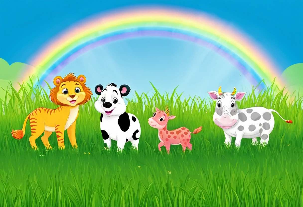 there are four animals standing in the grass under a rainbow, Illustration for children's book by Nikita Veplikov, Deviantart Contest Winner, fur art, Cute digital art, Cute Animals, Adorable digital painting, Cute artwork, Cute and detailed digital art, Cute Creatures, Cute picture book illustrations, Cute illustrations, Cute and detailed artwork, raining rainbow, Cute Characters, Cute cartoon, rainbow