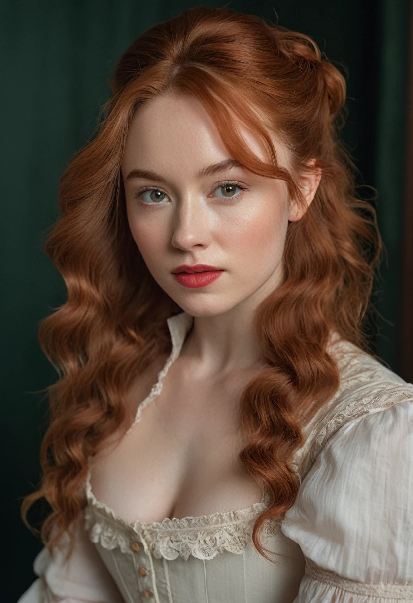 raw photo, raw picture, realism, realistic style, a photo \(low\) of katiekones \(subject\), wearing a victorian outfit \(wardrobe\), in the bedroom \(background\), red hair, thin lips, facial skin fuzz, full body, portrait, highres, best quality, full sharp, 4 k photography, real detailed skin texture, (blush:0.5), (goosebumps:0.5), subsurface scattering, RAW candid cinema, 100mm, color graded portra 400 film, remarkable color, ultra realistic, textured skin, remarkable detailed pupils, realistic dull skin noise, visible skin detail, skin fuzz, dry skin, shot with cinematic camera