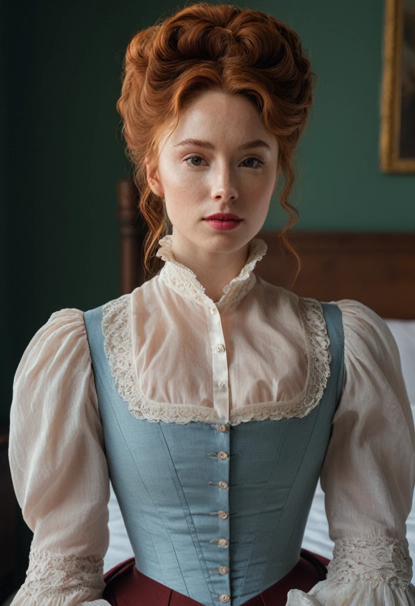 raw photo, raw picture, realism, realistic style, a photo \(low\) of katiekones \(subject\), wearing a victorian outfit \(wardrobe\), in the bedroom \(background\), red hair, thin lips, facial skin fuzz, full body, portrait, highres, best quality, full sharp, 4 k photography, real detailed skin texture, (blush:0.5), (goosebumps:0.5), subsurface scattering, RAW candid cinema, 100mm, color graded portra 400 film, remarkable color, ultra realistic, textured skin, remarkable detailed pupils, realistic dull skin noise, visible skin detail, skin fuzz, dry skin, shot with cinematic camera