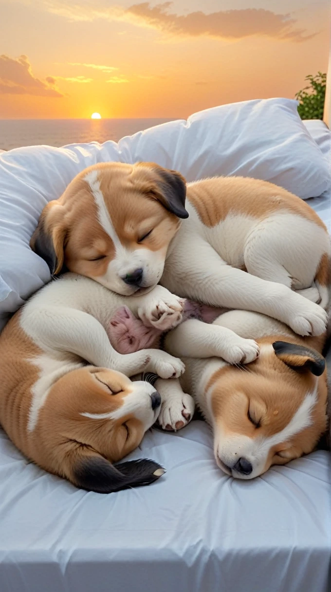 With the sunset in the background,(masterpiece:1.2, high quality), Sleeping tightly on the bed2Pet puppies、