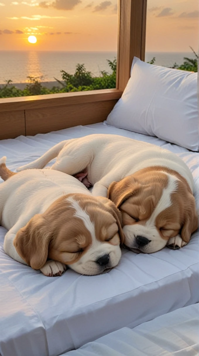 With the sunset in the background,(masterpiece:1.2, high quality), Sleeping tightly on the bed2Pet puppies、