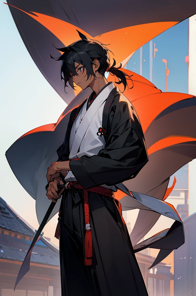 Teen , male, samurai Clothing, Standing pose, Town background, black skin color