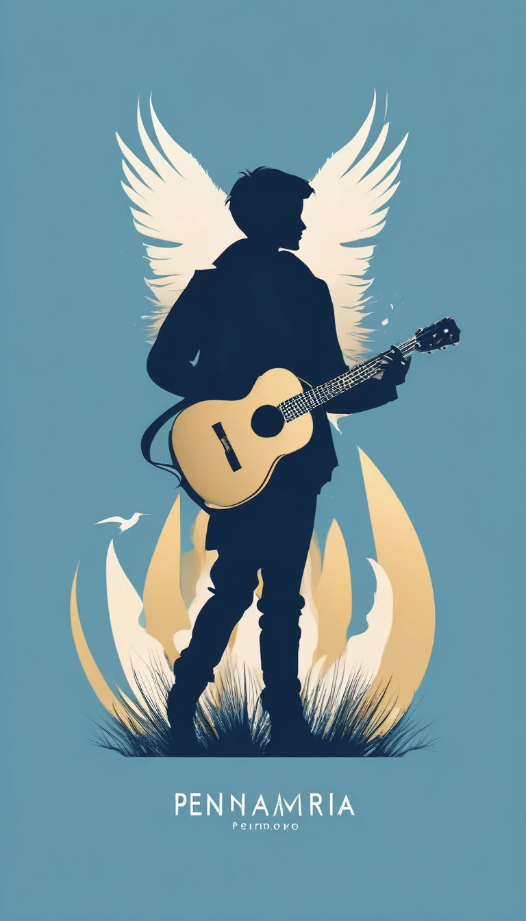 A minimal, modern, simple, cinematic logo design for the brand “Penamemoria". The logo design must be a simple, silhouette of a boy, standing up, playing acoustic guitar and fantasy feather by his side. The logo must convey a sense of music, stories, memories and dreams. Logo design impressed on a book cover. Minimalistic logo. Light blue, white and soft golden as colors for the logo design
