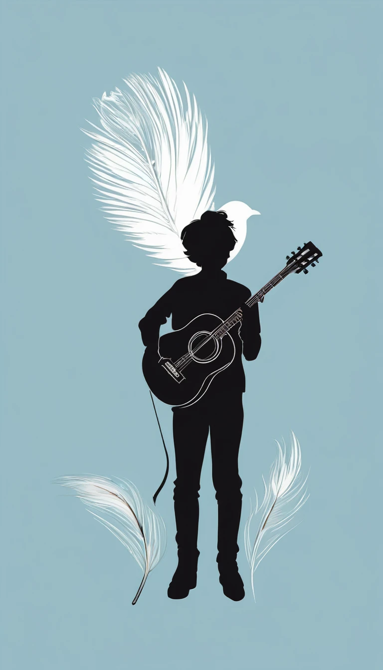 A minimal, modern, simple, cinematic logo design for the brand “Penamemoria". The logo design must be a simple, silhouette of a boy, standing up, playing acoustic guitar and fantasy feather by his side. The logo must convey a sense of music, stories, memories and dreams. Logo design impressed on a book cover. Minimalistic logo. Light blue, white and soft golden as colors for the logo design