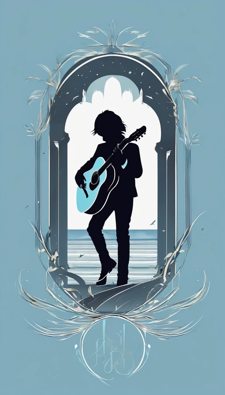 A minimal, modern, simple, cinematic logo design for the brand “Penamemoria". The logo design must be a simple, silhouette of a boy, standing up, playing acoustic guitar and fantasy feather by his side. The logo must convey a sense of music, stories, memories and dreams. Logo design impressed on a book cover. Minimalistic logo. Light blue, white and soft golden as colors for the logo design