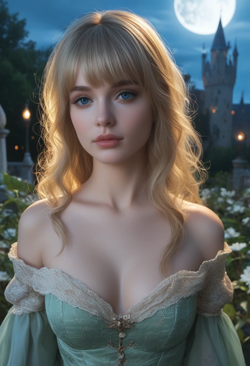 score_9, score_8_above, score_7_above, 1girl, realistic, blonde long hair with bangs, blue_eyes, realistic skin texture, detailed picture, upper_body, HD32k, royal_garden, medieval_castle, elegant_green_dress, off_shoulder_dress, moonlight, night, fullmoon, red_lips, pursed_lips
