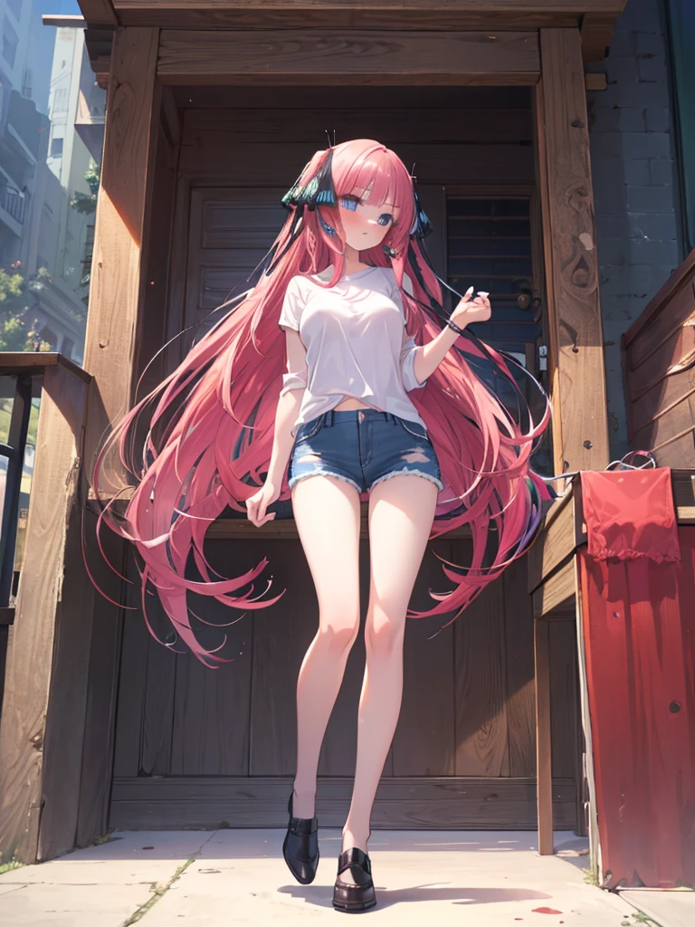 (8K, Highest quality, Highest quality, masterpiece), standing, (denim hot micro shorts), big breasts, (fullbody), nn1, 1girl, hair ribbon, ((long hair 1:2)), anime girl