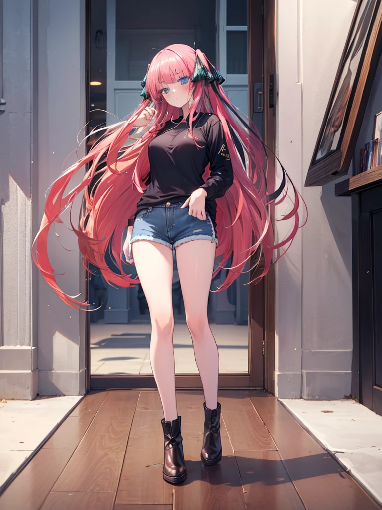 (8K, Highest quality, Highest quality, masterpiece), standing, (denim hot micro shorts), big breasts, (fullbody), nn1, 1girl, hair ribbon, ((long hair 1:2)), anime girl