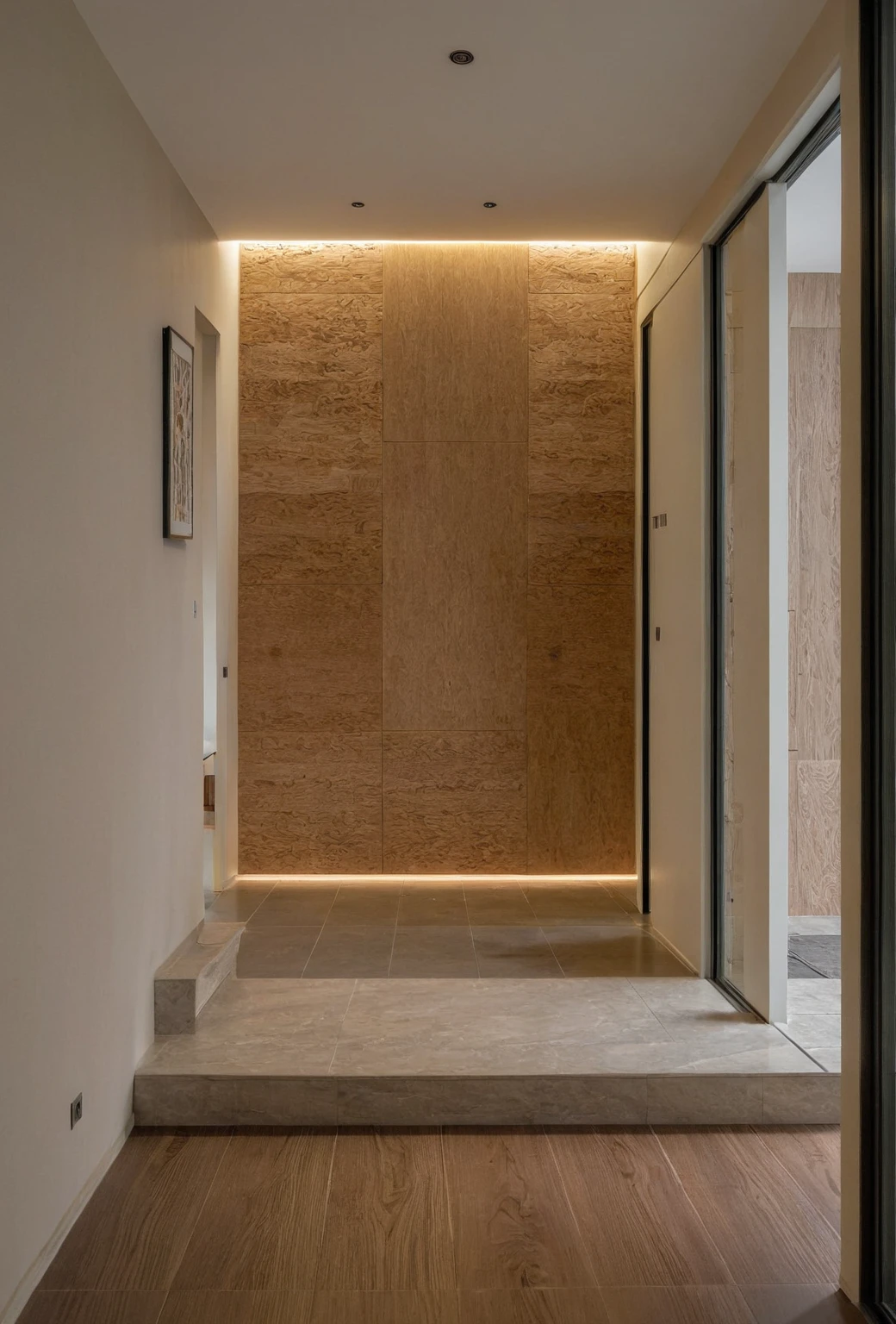 Raw photo, Masterpiece, high quality, best quality, authentic, super detail, interior, indoors, style modern, minimalist line, wooden, oak wood, led light, beige paint wall, sofa, atrium, LIVING ROOM, PEN HOUSE, kitchen, island kitchen, alu window, japan style, wasabi style, Jen style, steel stair, glass railing