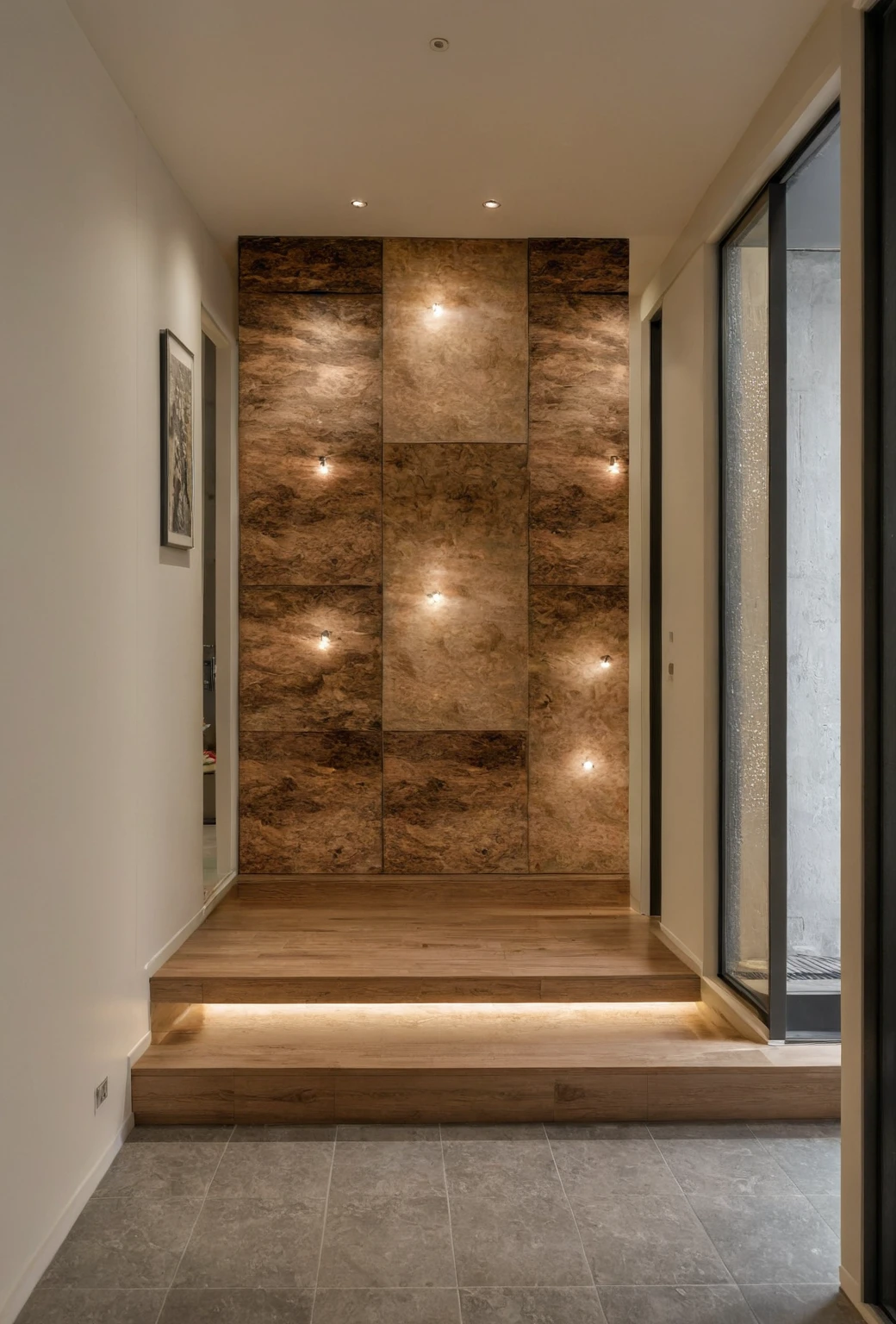 Raw photo, Masterpiece, high quality, best quality, authentic, super detail, interior, indoors,  style modern, minimalist line, wooden, oak wood, led light, beige paint wall, sofa, atrium, LIVING ROOM, PEN HOUSE, kitchen, island kitchen, alu window, japan style, wasabi style, Jen style, steel stair, glass railing