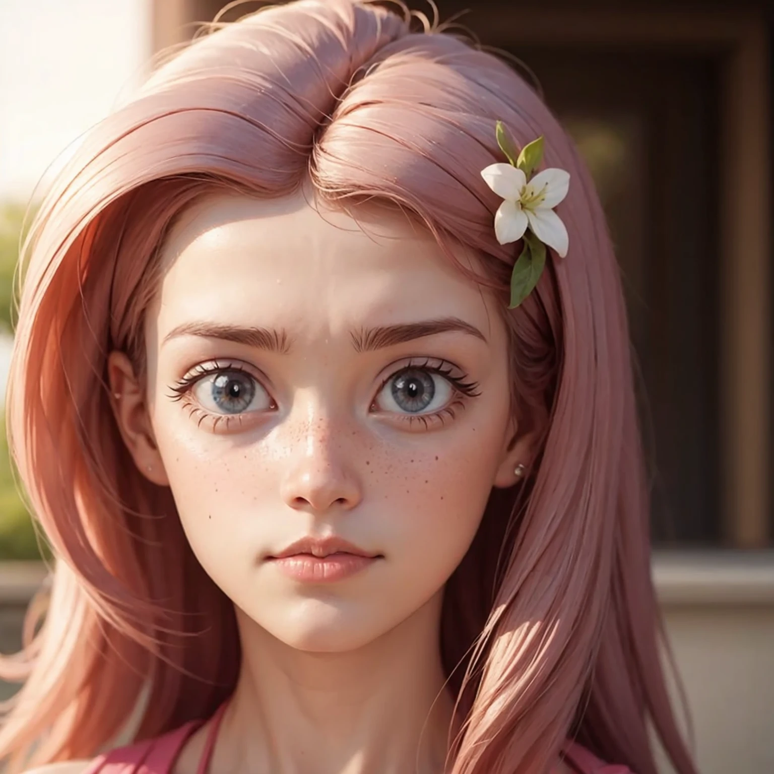 professional, masterpiece, 8k, hyperrealistic portrait of a 16yo cute ginger girl, long hair, pink hair, (looking shy:1.3), freckles, detailed face, detailed skin, photography, hq, photorealistic