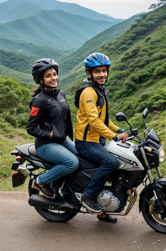 Generate an image of two Indian friends, one male and one female, on a TVS Apache 180 cc 2020 model bike on a bike trip in Parasnath Hills. The male, around 22 years old, is riding the bike, wearing casual clothes and a helmet. The female, around 20 years old, is sitting on the back seat, also in casual clothes and a helmet, with a joyful expression. The background features lush greenery, rocky paths, and the scenic views of Parasnath Hills.