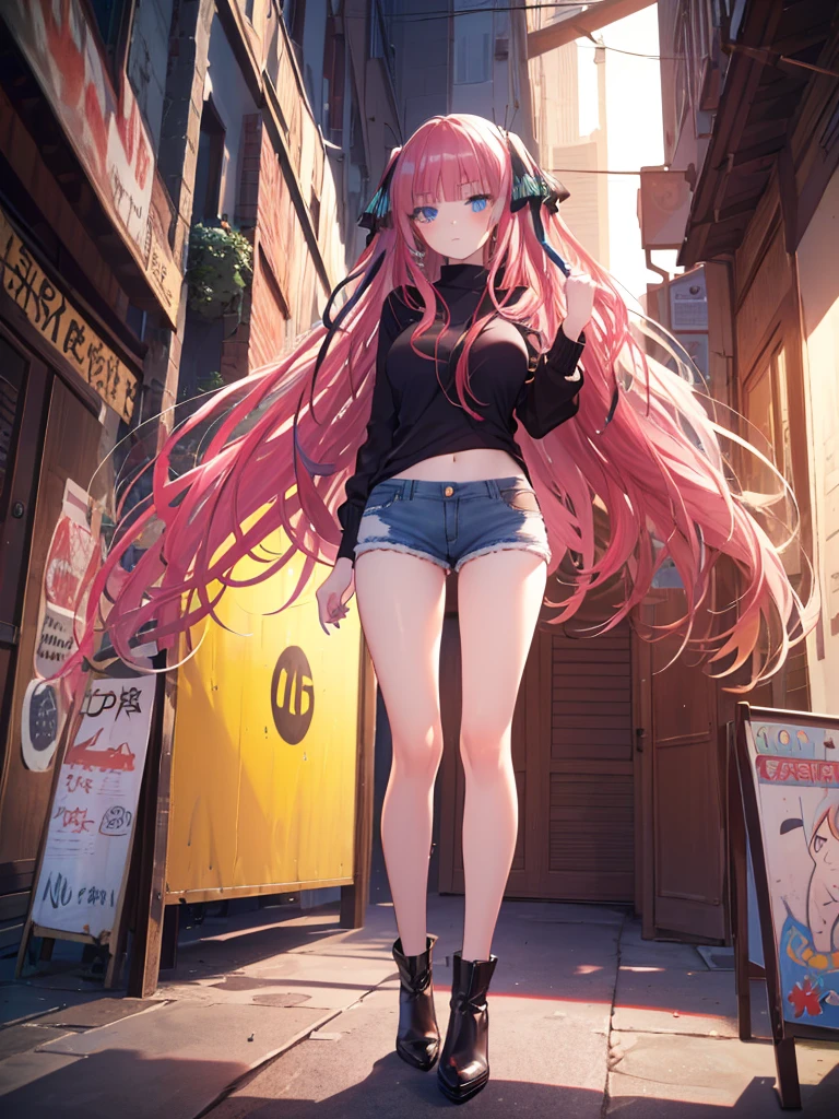 (8K, Highest quality, Highest quality, masterpiece), standing, (denim hot micro shorts), big breasts, (fullbody), nn1, 1girl, hair ribbon, ((long hair 1:2)), anime girl