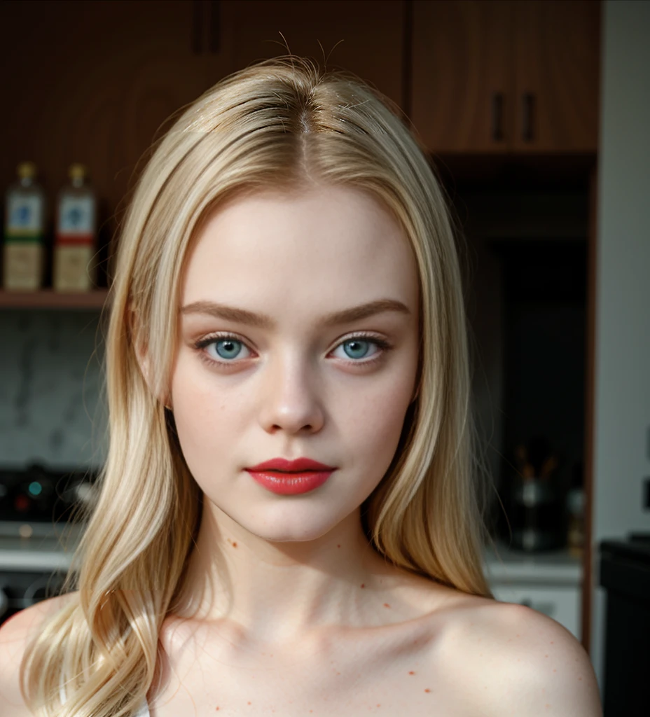 Arafed woman with blonde hair and blue eyes in a kitchen., Elle Fanning), , Elle Fanning, Sidney Sweeney, without makeup, very pretty face, Elle Fanning as an android, very pretty model, beautiful young model, Beautiful nordic woman, beautiful delicate face, beautiful model, inspired by Louisa Matthíasdóttir, beautiful face, perfectly illuminated face, face with freckles, Red lips, happy, looking ahead.