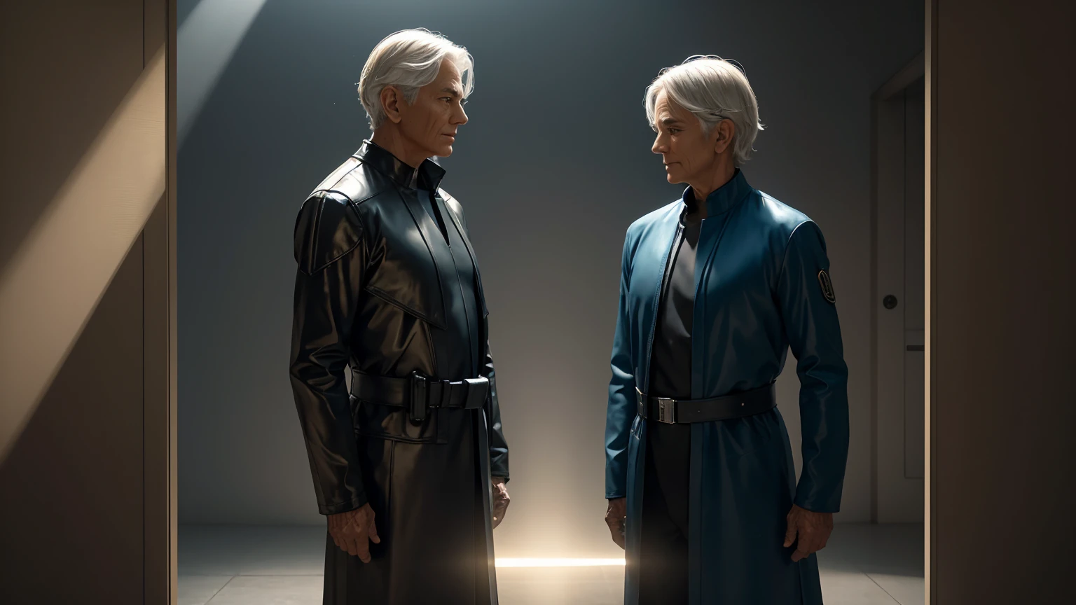 "Depict a scene where an older individual stands next to a younger clone of themselves. The older person's consciousness is being transferred to the younger clone, represented by a glowing stream of light moving from one head to the other. The setting should feel advanced and somewhat futuristic."