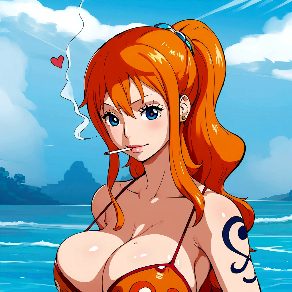 a cartoon picture of a woman in a bikini top and jeans, nami one piece, nami from one piece, nami, beautiful portrait of nami, from one piece, oppai, blue eyes, smoking, ponytail, nsfw